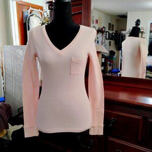 Pale Pink Long Sleeve Knitted V-Neck Top with Pocket